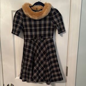 Janie and Jack 6T Girls Black/Tan Plaid Dress with Faux Fur Collar